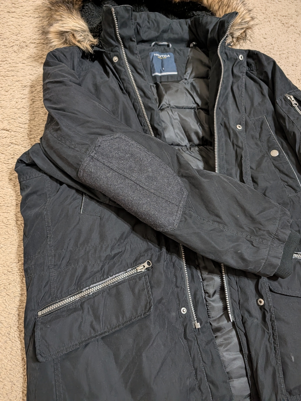 Nautica Men's Winter Large Black Hooded Jacket Puffer Parka with Faux Fur Trim - Picture 4 of 10